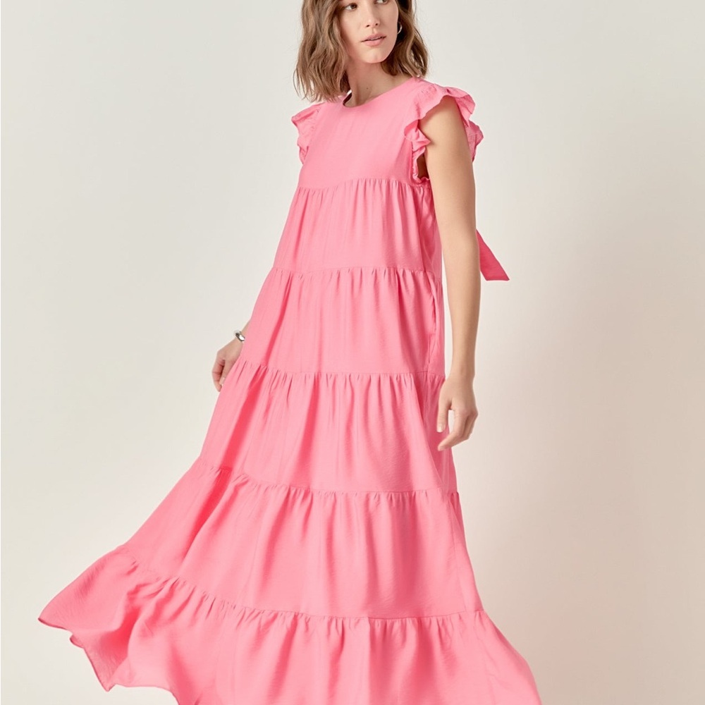 English Factory Pink/Rose Tiered Ruffle Maxi Dress Flutter Sleeve Bow Back Large
